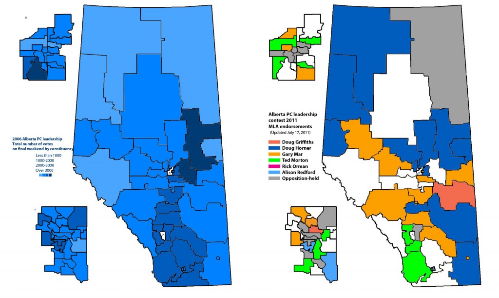 Maps comparing total number of votes in the final ballot of the 2006 Alberta PC leadership contest and MLA support in the 2011 PC leadership contest.
