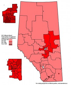 2011 Map of Alberta Liberal Leadership Registered Supporters per constituency