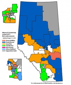 Map of MLA support in the 2011 Alberta PC leadership contest (August 11, 2011)