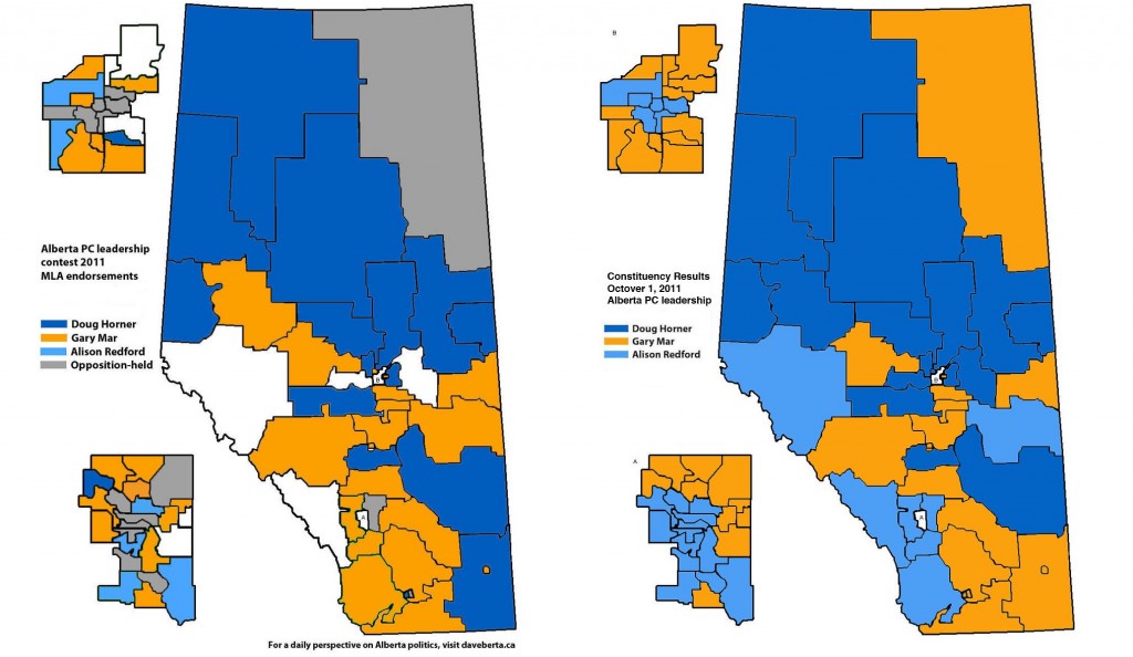 Maps: MLA endorsements of leadership candidates, poll-by-poll results in the second-ballot vote. (Click to enlarge)