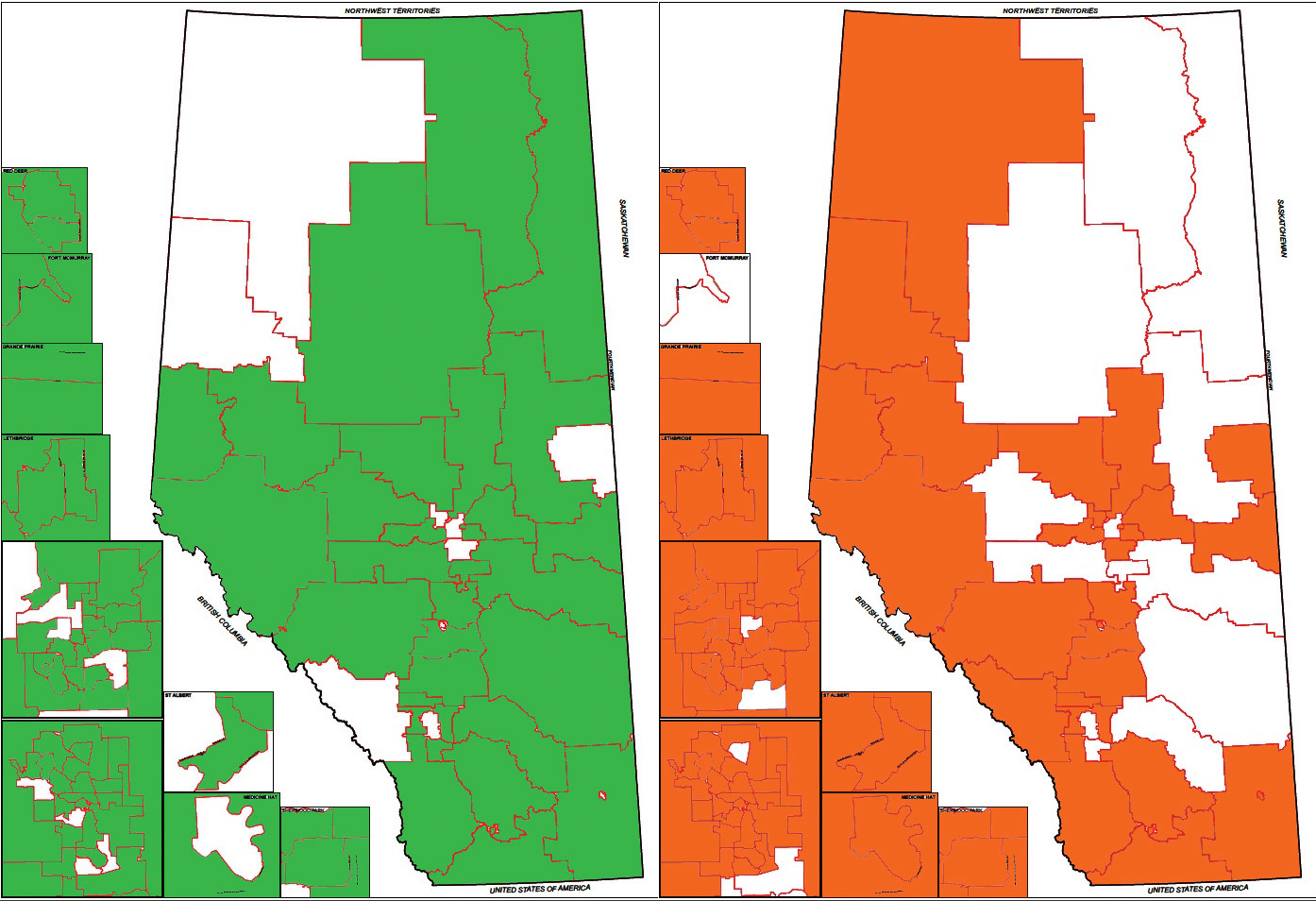 Map of constituencies with nominated Wildrose and Alberta NDP candidates (January 17, 2012)