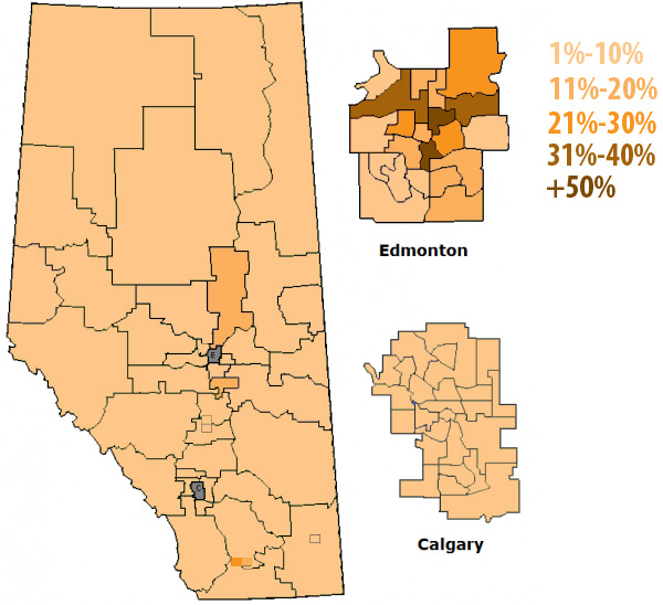 NDP percentage of votes by constituency in Alberta's 2012 General Election