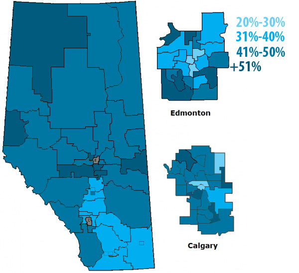 Progressive Conservative percentage of votes by constituency in Alberta's 2012 General Election