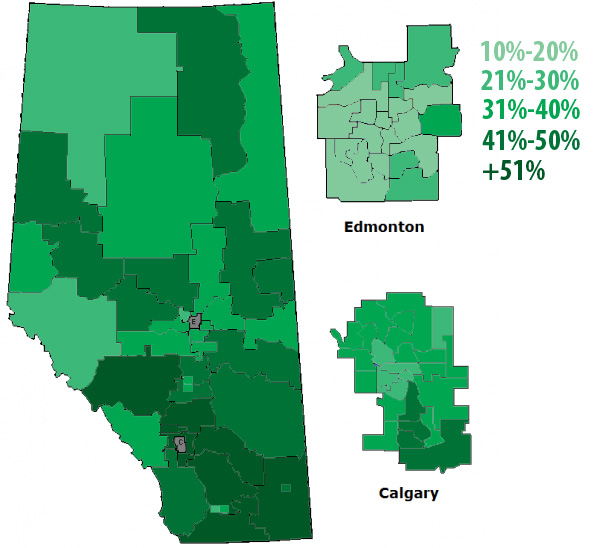 Wildrose percentage of votes by constituency 2012 Election