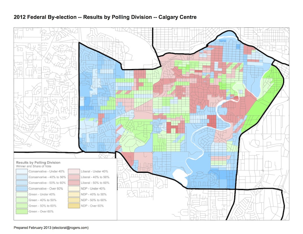 Poll-by-poll results from the November 26, 2012 by-election in Calgary-Centre (click image for larger map).