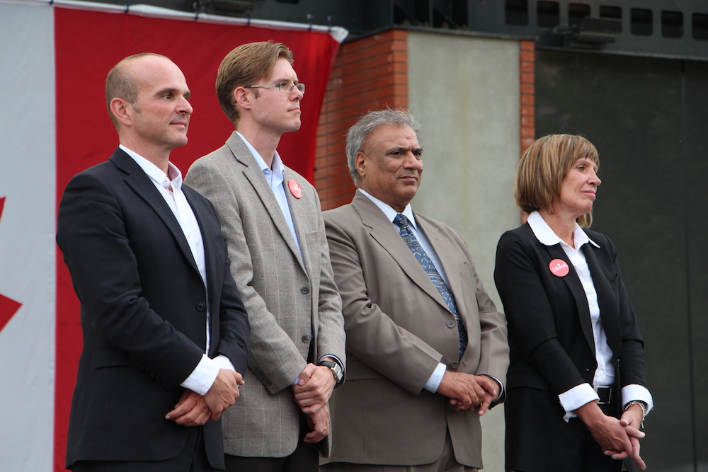 Edmonton Liberal candidates Randy Boissonnault (Edmonton-Centre), Daniol Coles (Edmonton-Griesbach), Sukhdev Aujla (Edmonton-Manning) and Eleanor Olszewski (Edmonton-Strathcona).