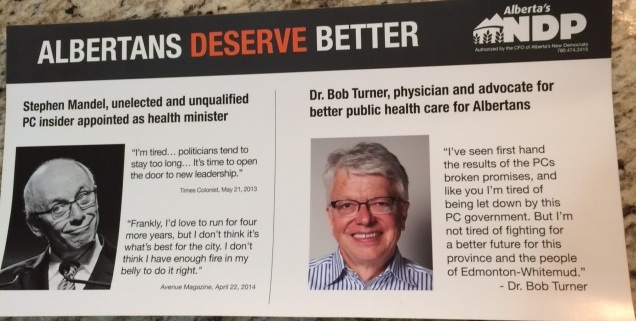 Alberta NDP Ad Edmonton-Whitemud Dr. Bob Turner by-election