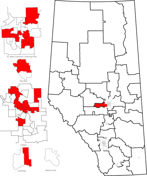 Map of nominated and acclaimed Liberal candidates (as of March 23, 2015).