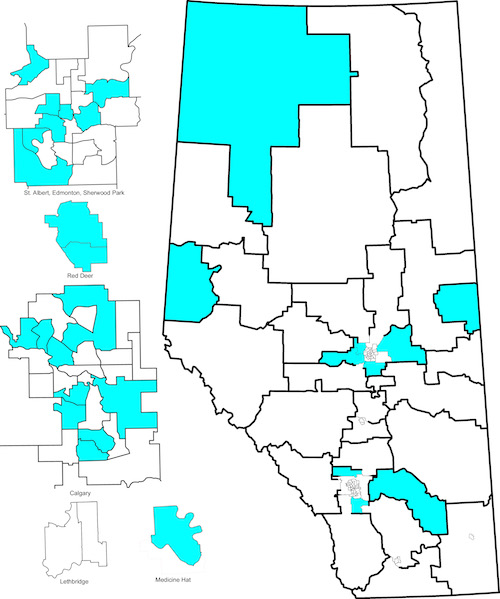 Map of nominated and acclaimed Alberta Party candidates (as of March 23, 2015). 