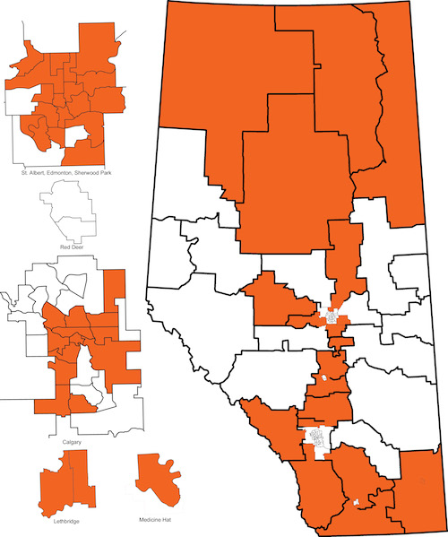 Map of nominated and acclaimed NDP candidates (as of March 23, 2015). 