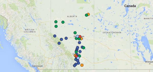 A map tracking official campaign stops of Alberta's four main political leaders since the election campaign began on April 8, 2015 (Dark Blue: PC; Orange: NDP; Green: Wildrose; Light Blue: Alberta Party; Red: Liberal)