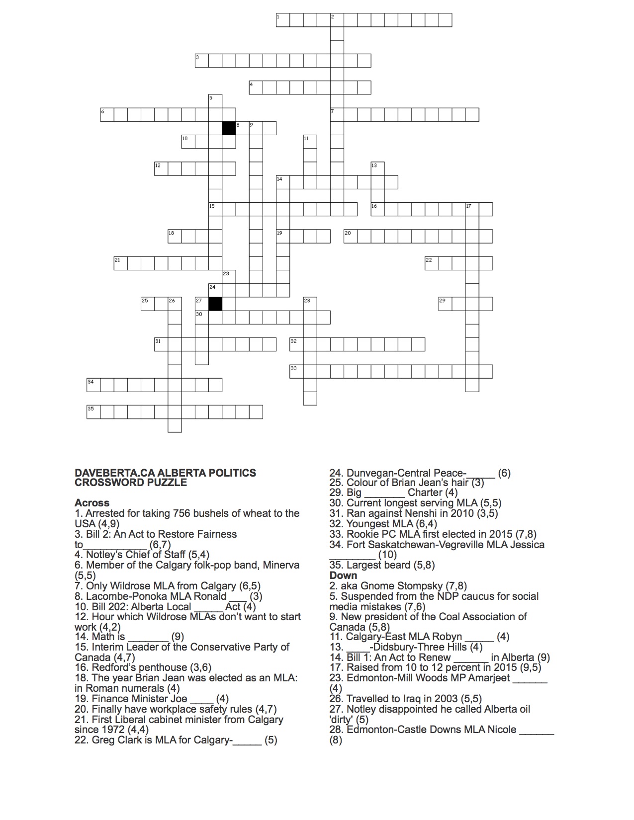 Daveberta Alberta Politics Crossword Puzzle