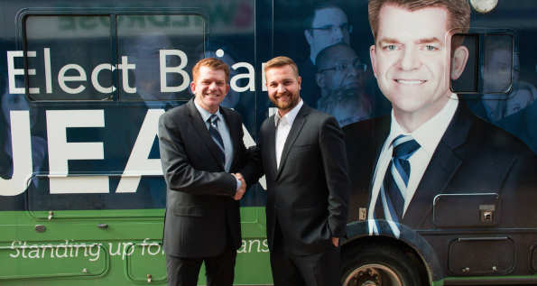 Wildrose leader Brian Jean campaigned with Derek Fildebrandt in Strathmore-Brooks on the first day of the 2015 election. (Photo from Brian Jean's Facebook Page).
