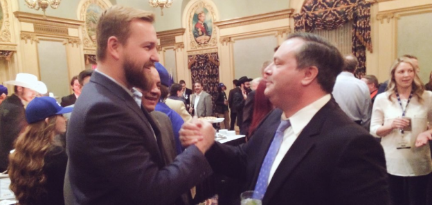 Wildrose MLA Derek Fildebrandt joined Jason Kenney on the eve of his victory in the PC Party leadership race. (Photo credit: @pcyouthalberta on Twitter)