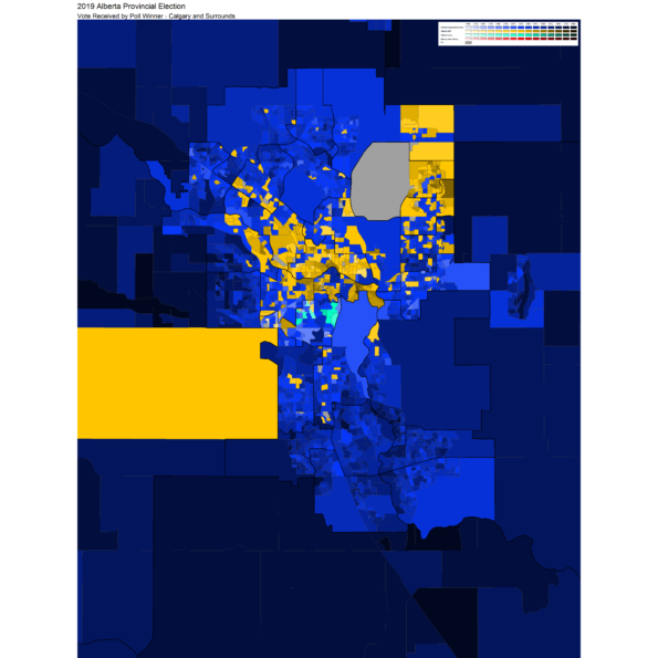 Poll by poll results in Calgary from the 2019 Alberta provincial general election. (Map by Shane Smith)