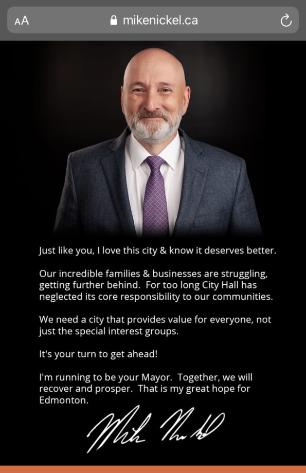 A screenshot from MikeNickel.ca on Jan. 19, 2021 announcing his plans to run for Mayor of Edmonton. 