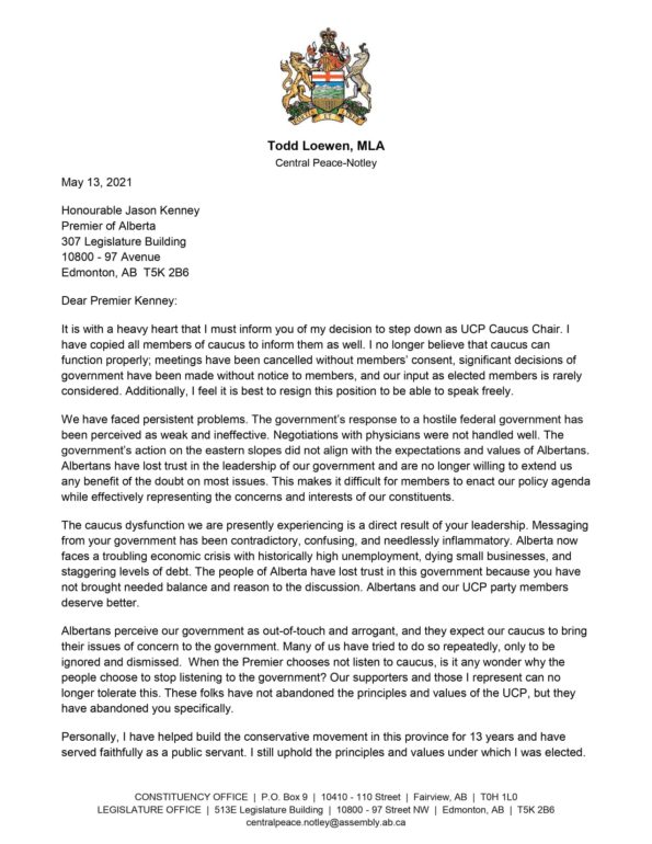 Letter from Todd Loewen calling of Jason Kenney to resign
