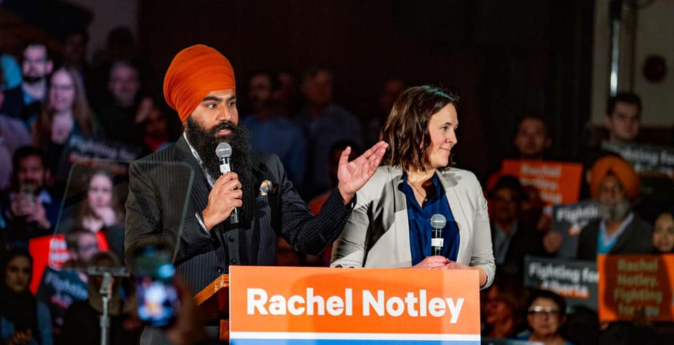 Parmeet Singh Borprai (left) at an Alberta NDP rally in 2019.