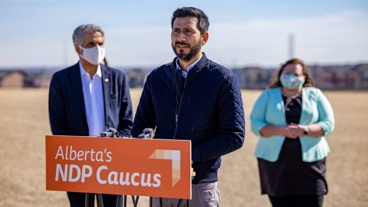Usman Sadiq (centre) joined NDP MLAs Irfan Sabir (left) and Sarah Hoffman (right) to talk about the lack of schools in northwest Calgary in March 2021.