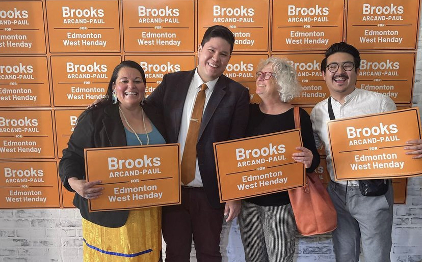 Jodi Calahoo Stonehouse, Brooks Arcand-Paul, Linda Duncan and Blake Desjarlais at the nomination campaign launch in Edmonton-West Henday.