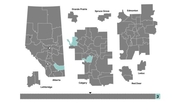Alberta Party nominated candidates as of December 6, 2022. Ridings with nominated candidates in light blue. (map from https://canadianpolling.ca/diy/ab/)