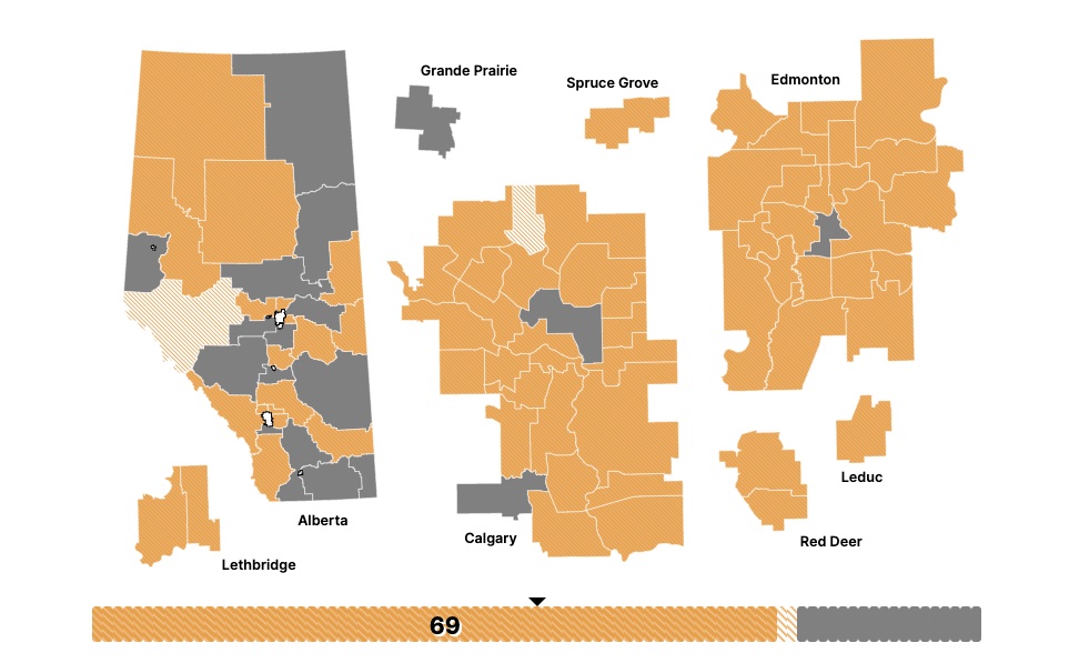 Alberta NDP nominated candidates as of December 6, 2022. Ridings with nominated candidates in dark orange, ridings with scheduled nomination meetings in light orange. (map from https://canadianpolling.ca/diy/ab/)