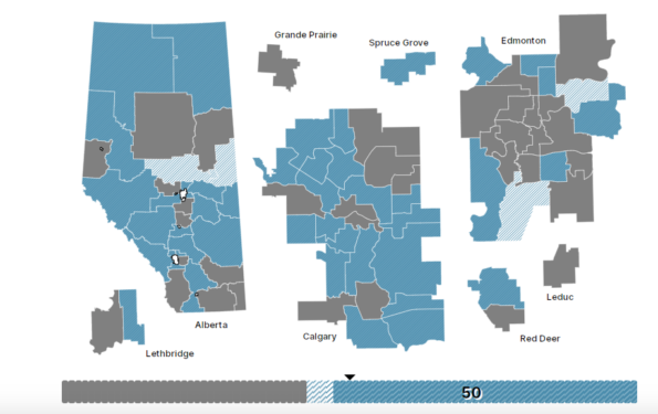 United Conservative Party nominated candidates as of December 6, 2022. Ridings with nominated candidates in dark blue, ridings with scheduled nomination meetings in light blue. (map from https://canadianpolling.ca/diy/ab/)