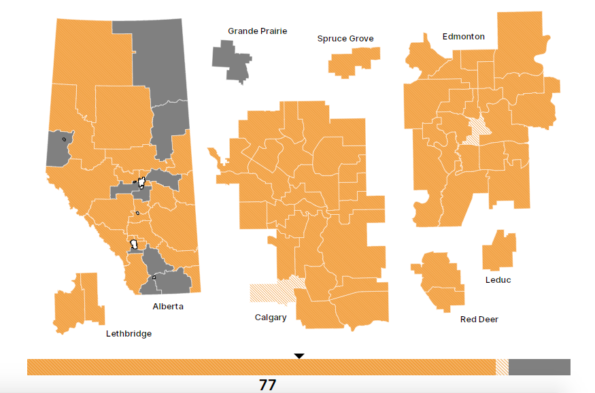 Alberta NDP nominated candidates as of March 6, 2023. Ridings with nominated candidates in dark orange, ridings with scheduled nomination meetings in light orange. (map from https://canadianpolling.ca/diy/ab/)