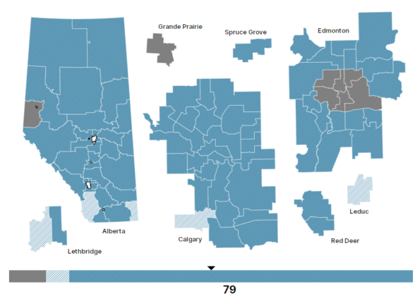United Conservative Party nominated candidates as of March 6, 2023. Ridings with nominated candidates in dark blue, ridings with scheduled nomination meetings in light blue. (map from https://canadianpolling.ca/diy/ab/)