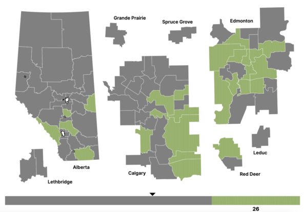 Green Party of Alberta nominated candidates as of March 6, 2023. Ridings with nominated candidates in dark green. (map from https://canadianpolling.ca/diy/ab/)