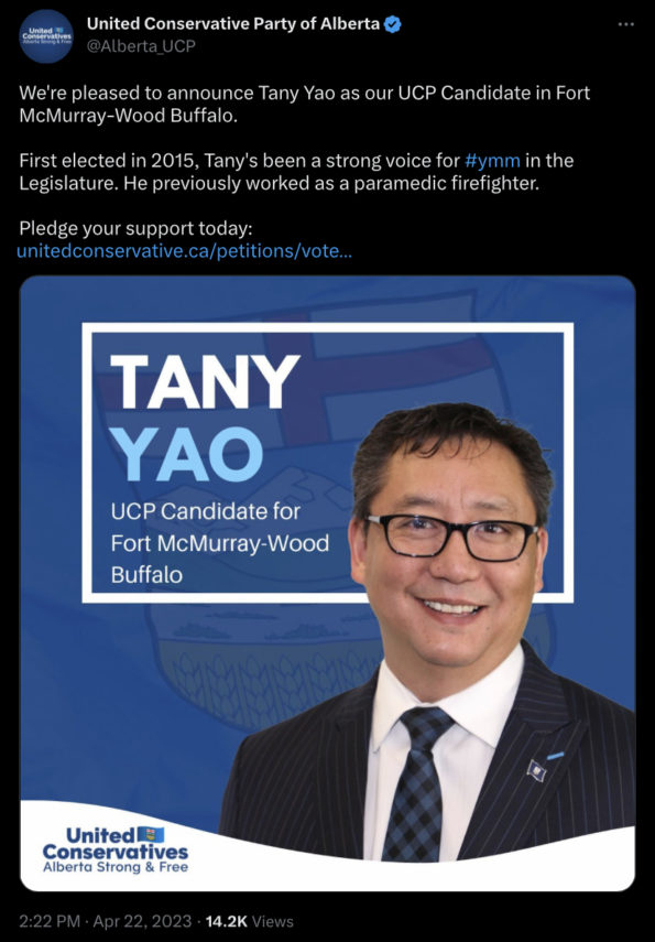 A tweet from the United Conservative Party announcing that Tany Yao has been appointed in Fort McMurray-Wood Buffalo. 