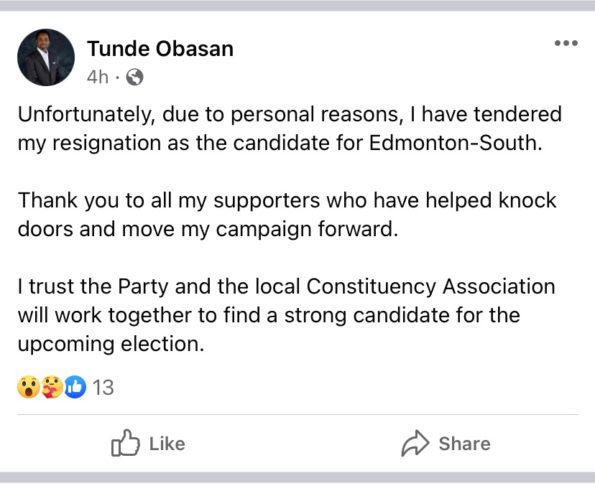Tunde Obasan announced he had withdrawn as the UCP candidate in Edmonton-South (Source: Tunde Obasan / Facebook)