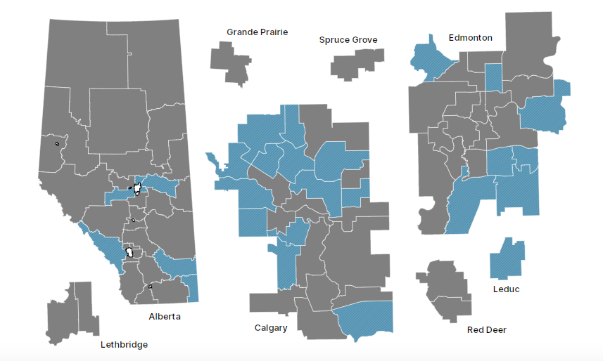 A map showing which ridings UCP leader Danielle Smith campaigned in from May 1 to May 27, 2023 (map: CanadianPolling.ca)