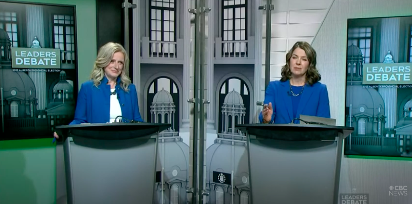 Alberta NDP leader Rachel Notley and UCP leader Danielle Smith at the televised leaders debate (screenshot source: CBC)