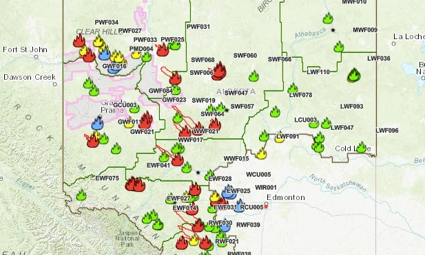 A map showing wildfires across Alberta on May 7, 2023 (source: Alberta Wildfire Status Dashboard)