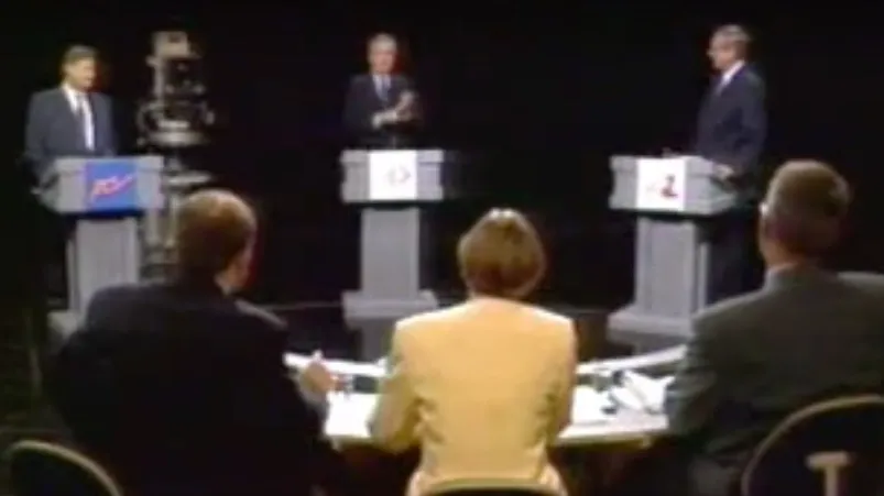 PC leader Ralph Klein, NDP leader Ray Martin and Liberal leader Laurence Decore at the 1993 TV leaders debate, a first in Alberta politics (screenshot source: CBC)