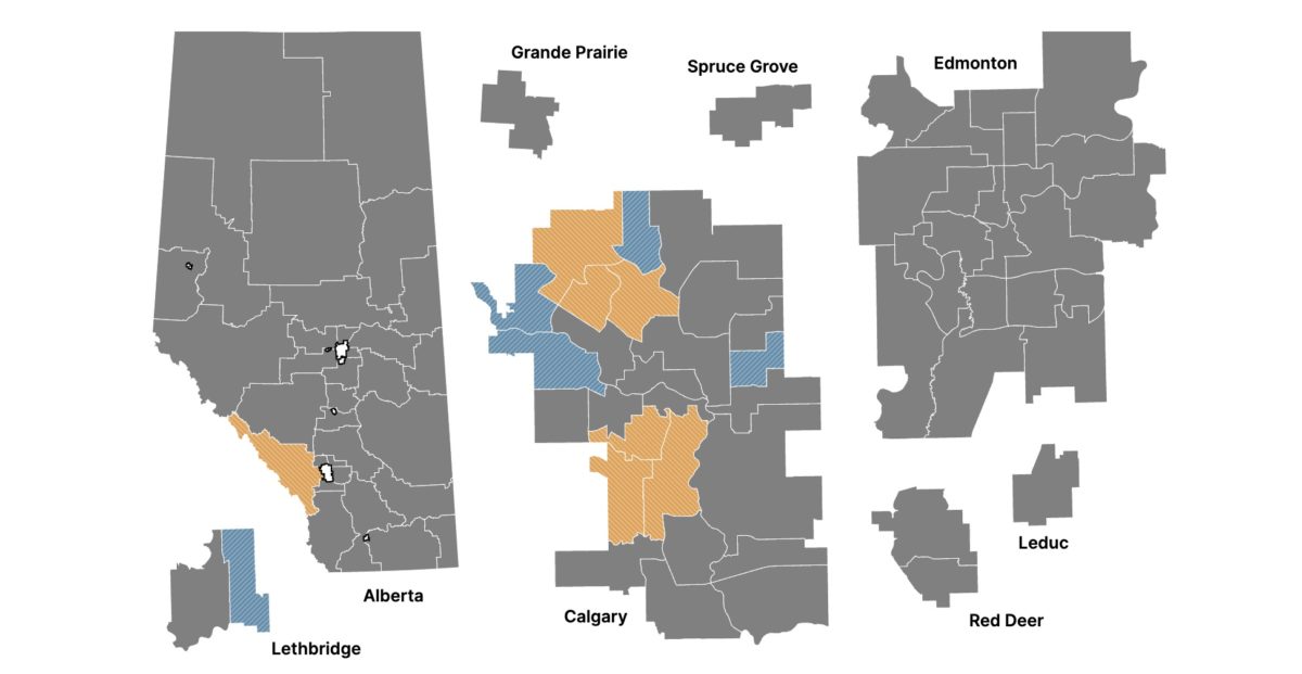 The top 12 closest races in Alberta’s 2023 election (map source: CanadianPolling.ca)
