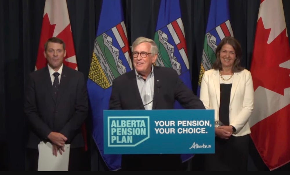 Finance Minister Nate Horner, pension engagement panel chairperson Jim Dinning, and Premier Danielle Smith (source: YouTube screenshot)