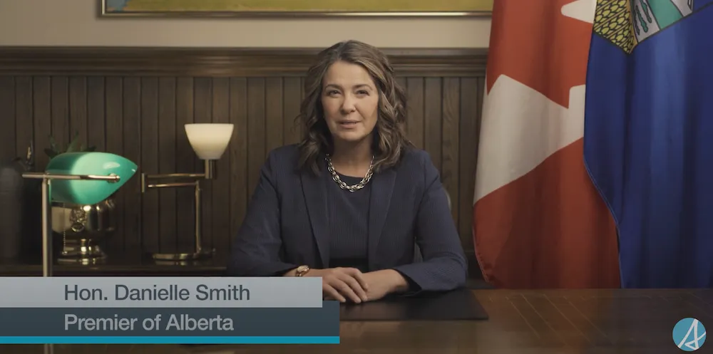 Alberta Premier Danielle Smith delivers a pre-budget televised address on February 21, 2024 (source: YourAlberta / YouTube)