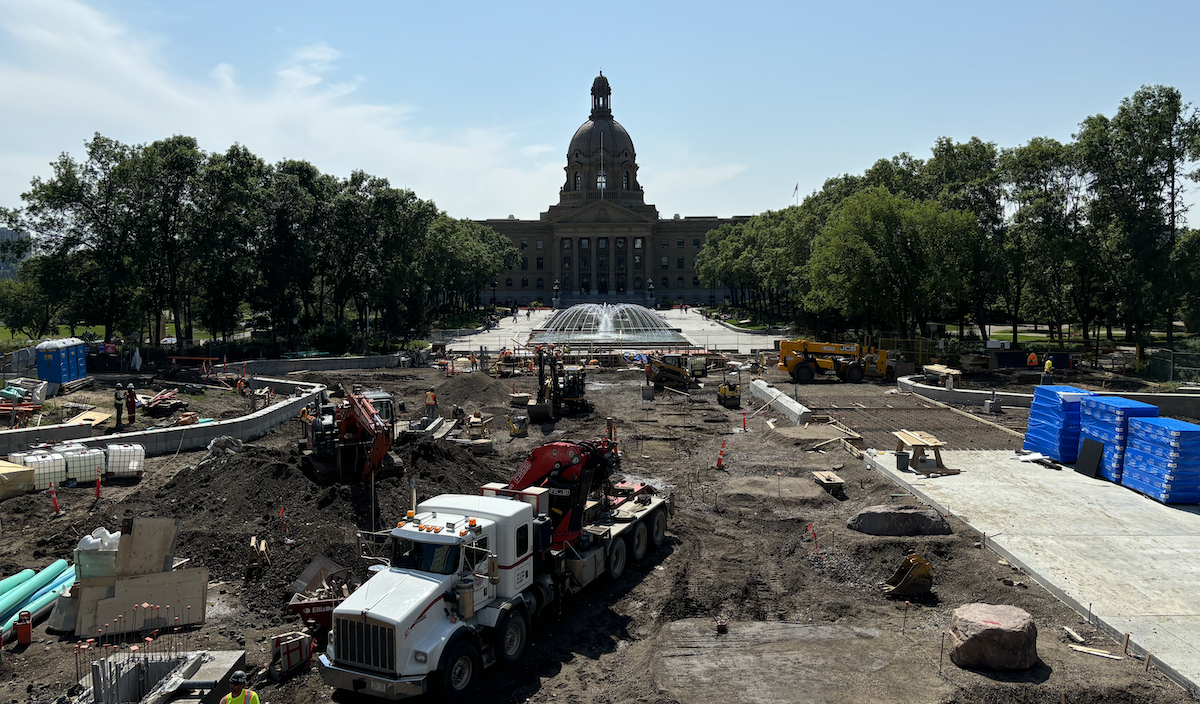 Alberta’s Legislature grounds in Edmonton under construction in July 2024 (photo: Dave Cournoyer)