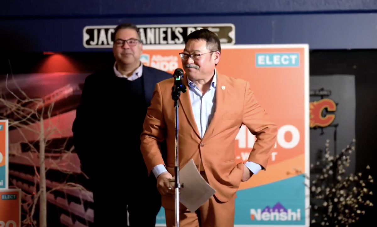 Lethbridge-West NDP candidate Rob Miyashiro was joined by NDP leader Naheed Nenshi at his victory party last night in Lethbridge (source: Alberta NDP / Facebook)