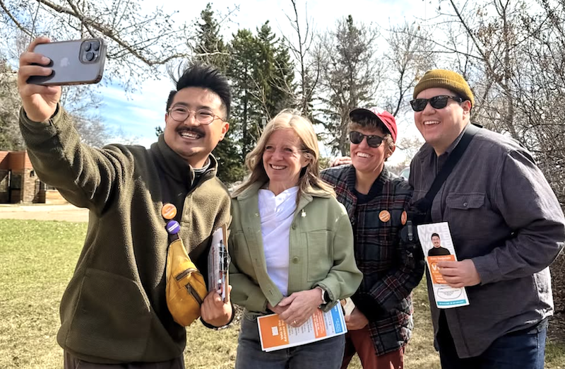 Edmonton Griesbach NDP candidate Blake Desjarlais snaps a selfie with former Alberta premier Rachel Notley, and NDP MLAs Janis Irwin and Brooks Arcand-Paul (source: Blake Desjarlais / Instagram)