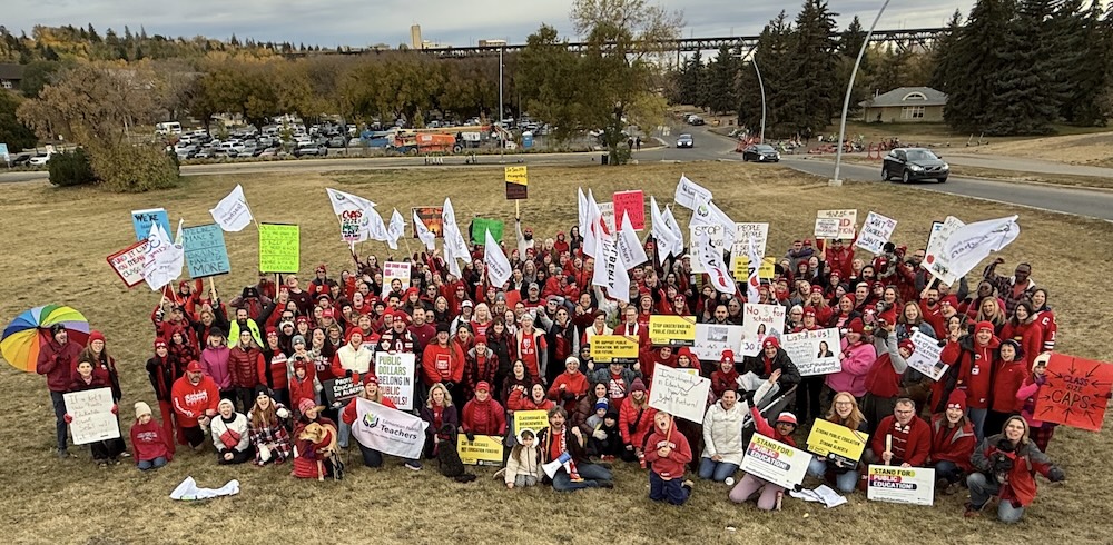 Teachers and supporters after their daily morning picket near the Walterdale Bridge in Edmonton (photo credit: Brad Lafortune)