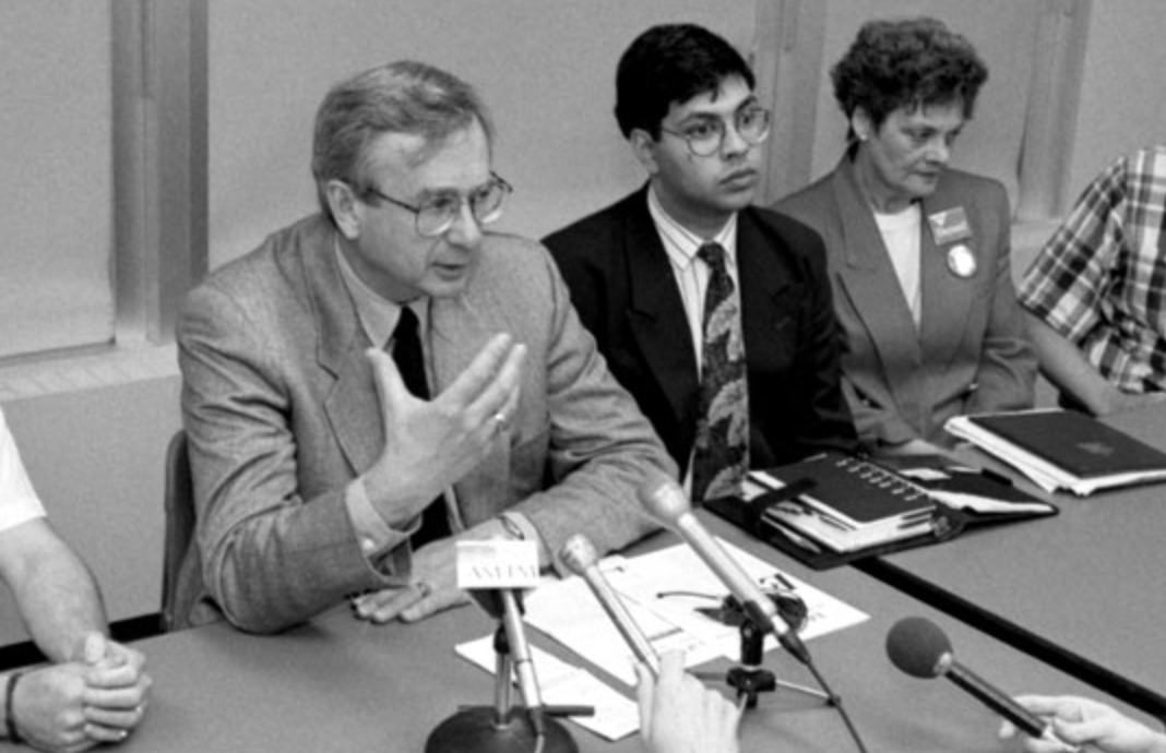 Liberal Party leader Laurence Decore at a press conference with University of Calgary Students’ Union President Naheed Nenshi in 1993 (source: Alberta Views Magazine)