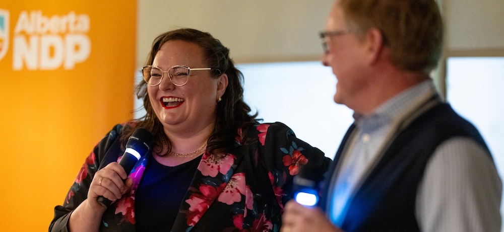 MLA Sarah Hoffman (left) and MLA David Eggen at the Edmonton-Glenora NDP nomination meeting on March 3, 2026. Hoffman was acclaimed for the nomination. (source: Sarah Hoffman / Facebook)