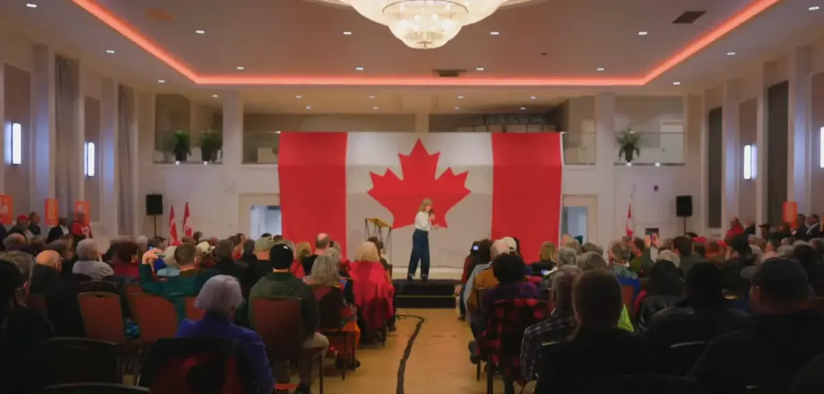 Former premier Rachel Notley spoke to a crowd at the Alberta NDP’s final Vote to Save Canada rally in Edmonton (screenshot: Alberta NDP / YouTube)
